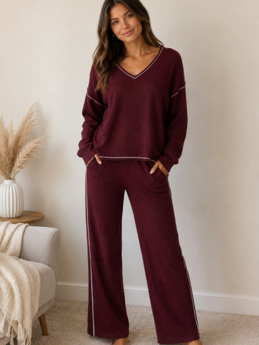 Vince Camuto V-Neck Sweater Pants Lounge Set XL Burgundy